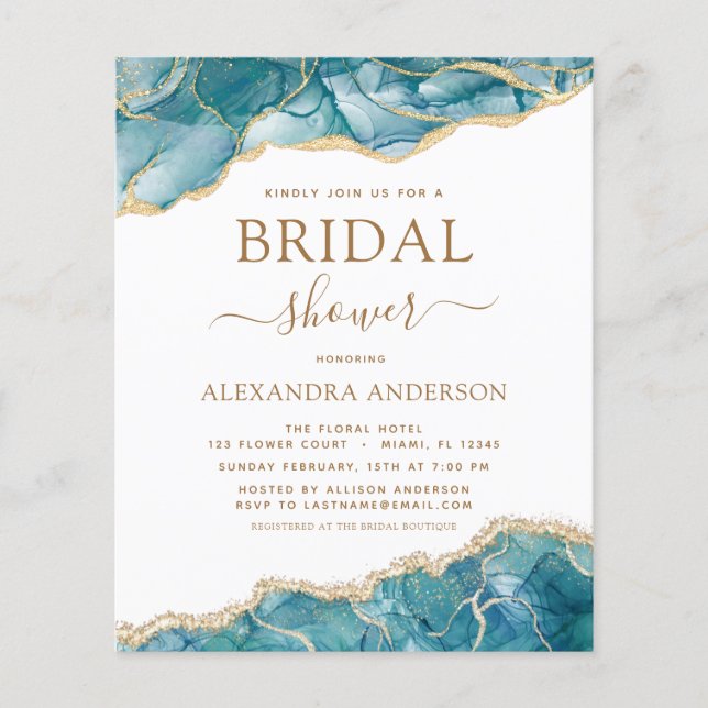 Budget Agate Turquoise Bridal Shower Teal Gold  Flyer (Front)