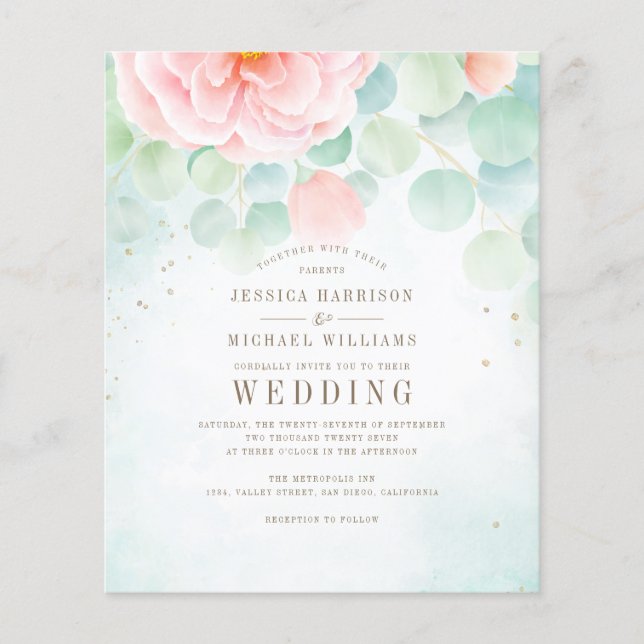 Budget Airy Foliage Floral Wedding Invitation (Front)