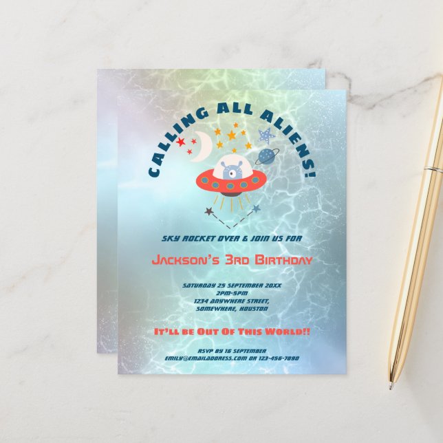 Budget Aliens 3rd Birthday party Invitation (Front/Back In Situ)