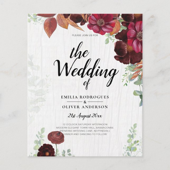 BUDGET All-in1 Rustic Fall Maroon Burgundy Wedding Flyer (Front)