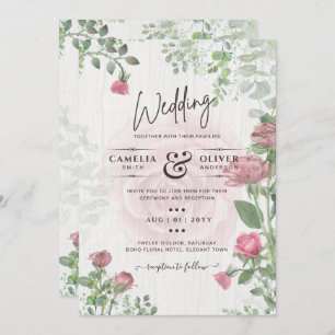 Budget All-in-1 Dusty Pink Roses Floral Wedding Invitation