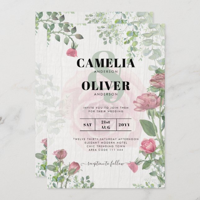 Budget All-in-1 Dusty Pink Roses Floral Wedding Invitation (Front/Back)