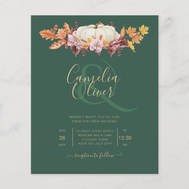 BUDGET All-in-1 Fall Pumpkin Green Gold Wedding Flyer (Front)
