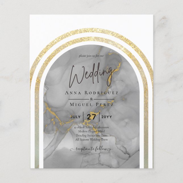 BUDGET All-In-1 Gray Gold Arch Modern Wedding QRCd Flyer (Front)