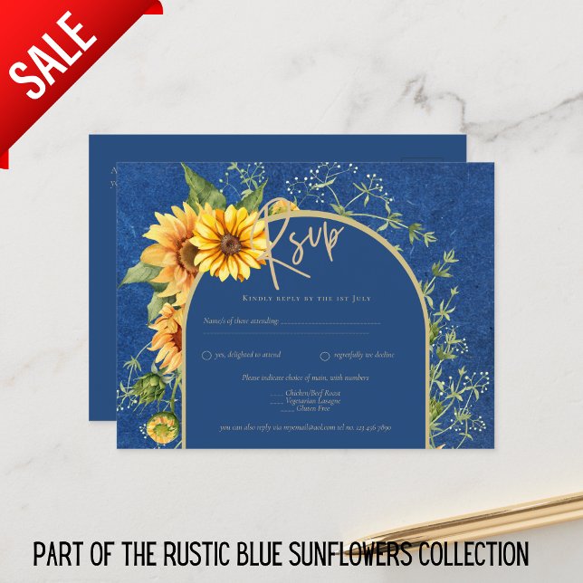 BUDGET All-in-1 Rustic Sunflowers BLUE Wedding Postcard (Creator Uploaded)