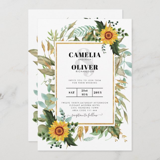 BUDGET All-in-1 Rustic Sunflowers Greenery Wedding Invitation (Front/Back)