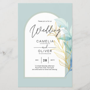 BUDGET All-in-1 Sea Glass Gold Leaf Sage Wedding Flyer