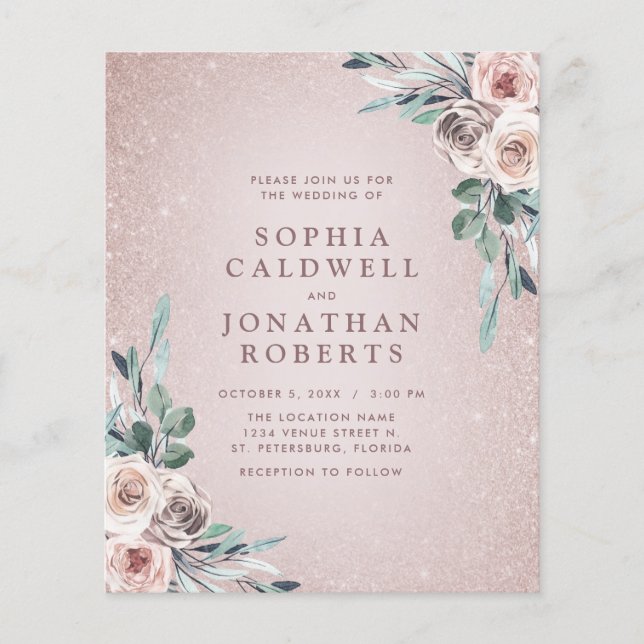 Budget All in One Boho Pink Roses Wedding Invite (Front)