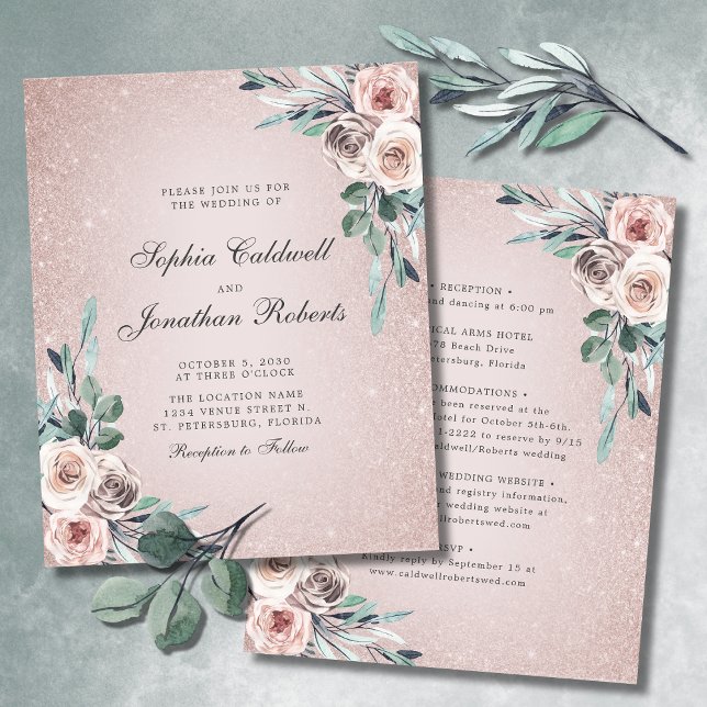 Budget All in One Boho Pink Roses Wedding Invite (Budget Double Sided Wedding Invitation Boho Blush 
 Pink Roses Glitter Ombre)