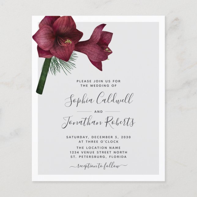 Budget All in One Burgundy Floral Wedding Invite (Front)