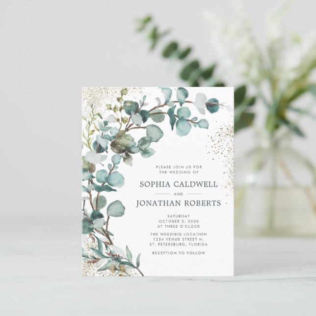 Budget All in One Eucalyptus Gold Wedding Invite (Standing Front)