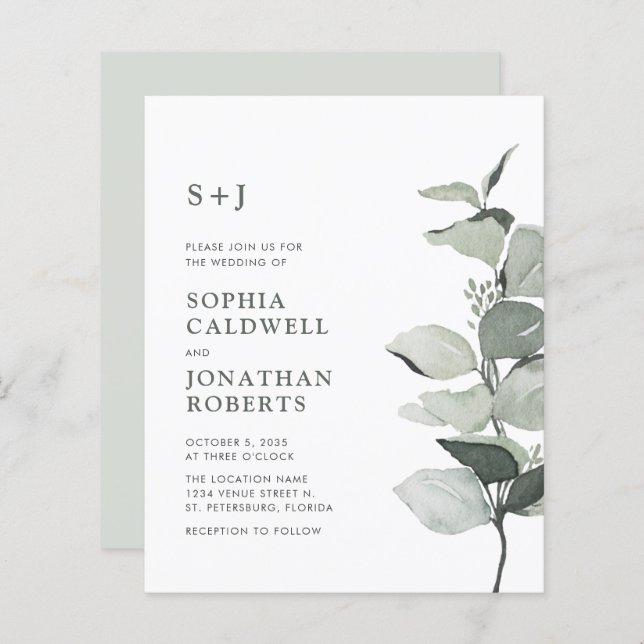 Budget All in One Eucalyptus Wedding Invitation (Front/Back)