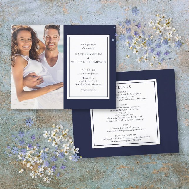 Budget All In One Navy Blue Photo Wedding Invite (Budget All In One Navy Blue Photo Wedding Invite)