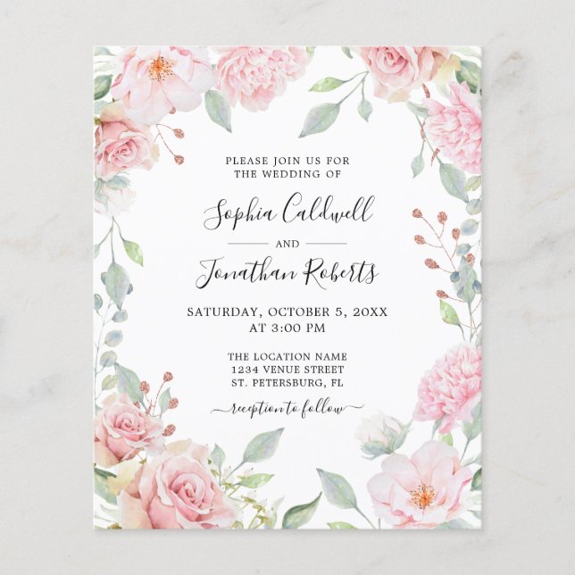Budget All in One Pink Roses Wedding Invitation (Front)