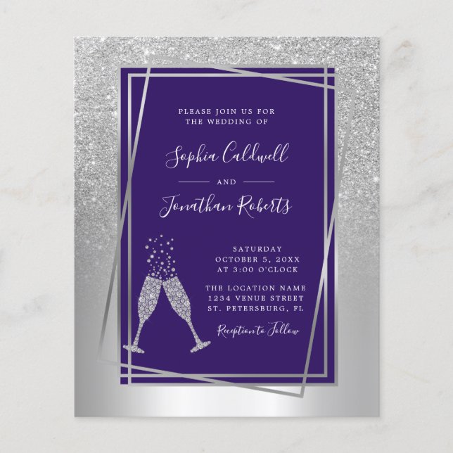 Budget All in One Silver and Blue Wedding Invite (Front)