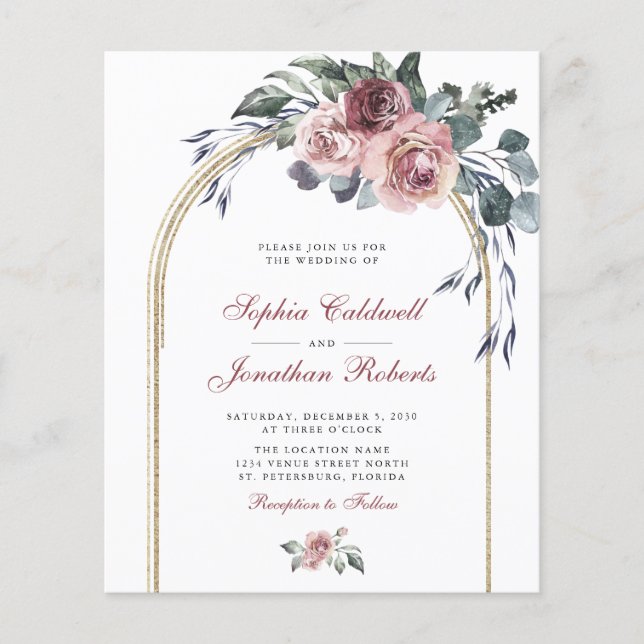 Budget All in One Winter Roses Gold Wedding Invite (Front)