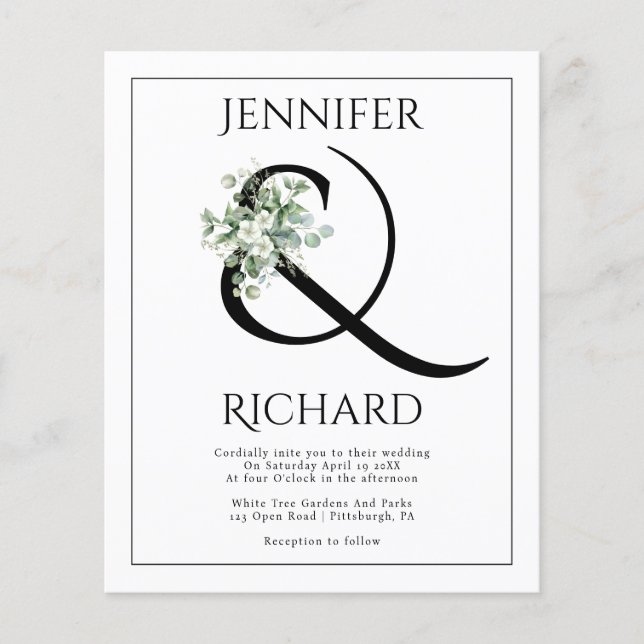 BUDGET Ampersand, eucalyptus QR wedding invitation Flyer (Front)