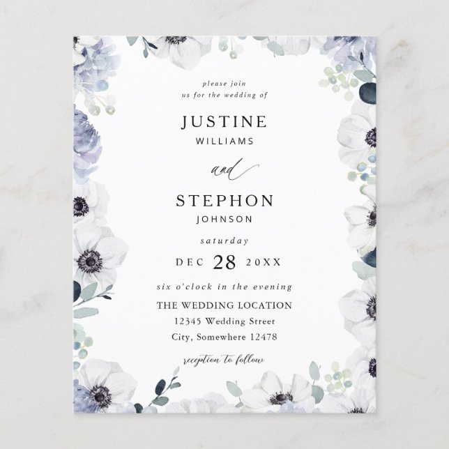 Budget  Anemone & Eucalyptus Winter Floral Wedding Flyer (Front)