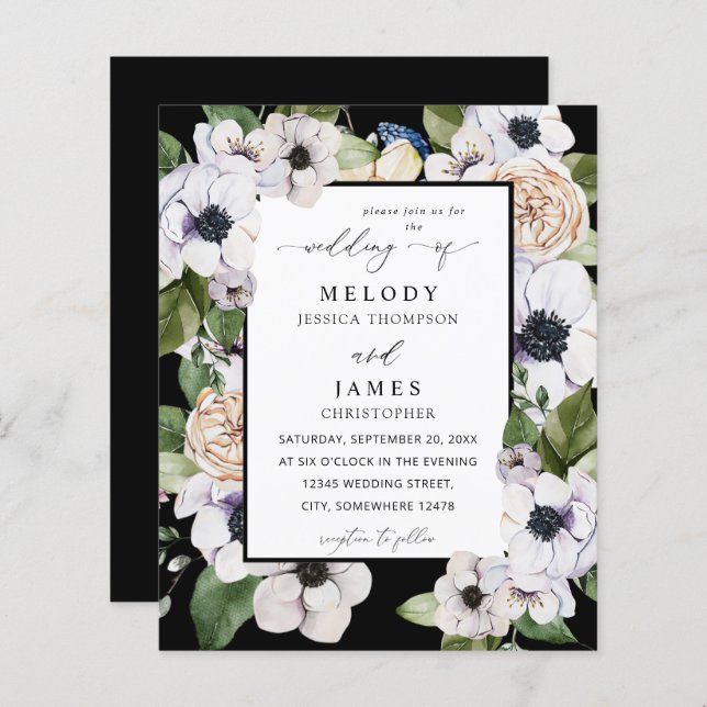 Budget Anemone White Floral Wedding - Black (Front/Back)