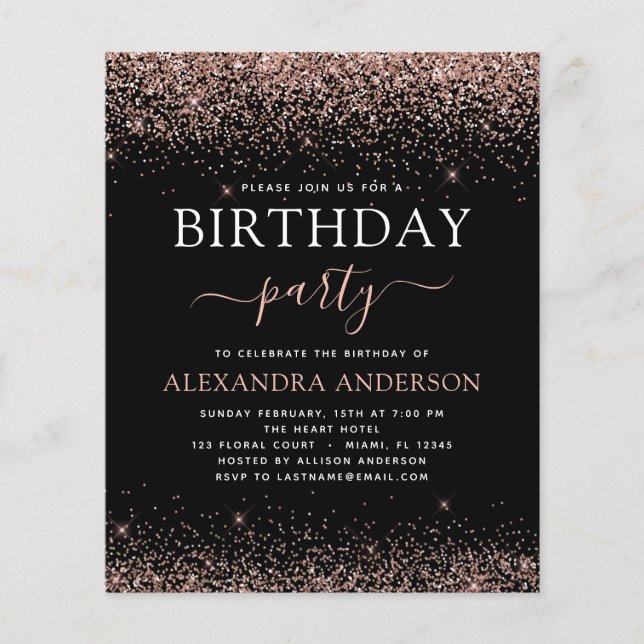 Budget Any Age Birthday Rose Gold Pink Glitter Flyer (Front)