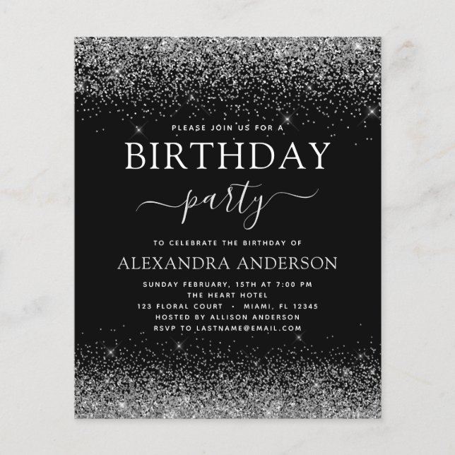 Budget Any Age Birthday Silver Black Glitter (Front)