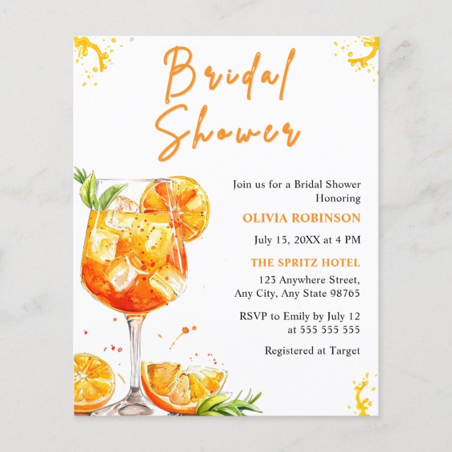 Budget Aperol Spritz Cocktail Bridal Shower Invite Flyer (Front)