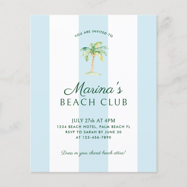 BUDGET Aqua Blue Cabana Stripe Beach Club Birthday (Front)