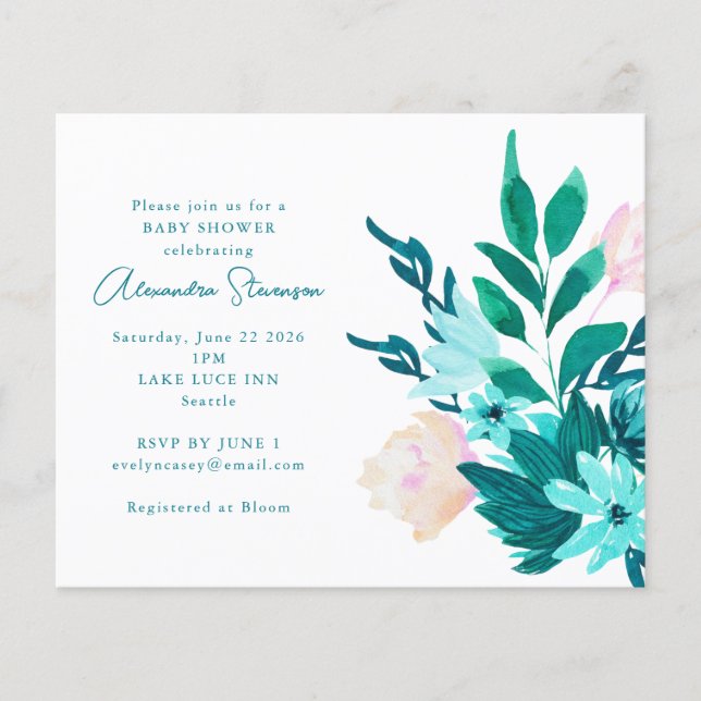 Budget Aqua Blue Floral Baby Shower Invitation (Front)