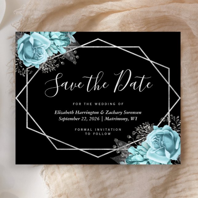 Budget Aqua Floral Black Wedding Save the Date (Creator Uploaded)