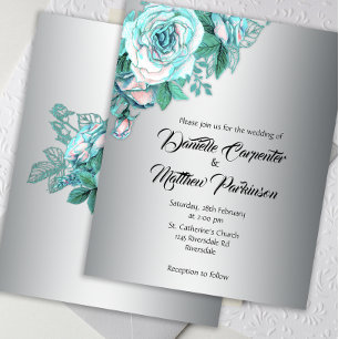 Budget Aqua Roses on Elegant Silver Wedding Invite Flyer