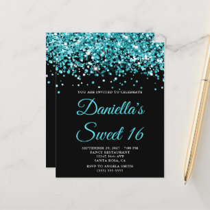 Budget Aqua Teal Glitter Black Sweet 16 Invite