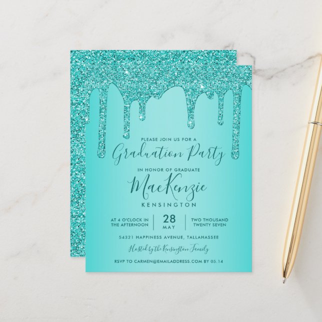 BUDGET Aqua Teal Glitter Drips Graduation Party (Front/Back In Situ)