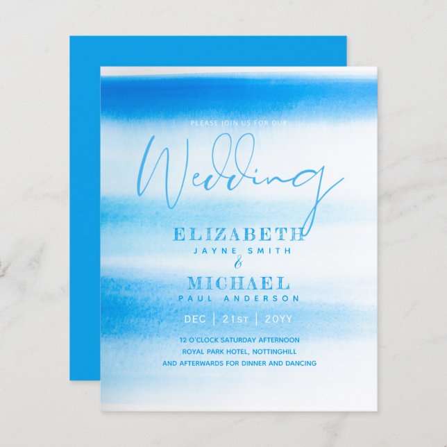 BUDGET Aqua Watercolor Wedding Invite Ocean Beach (Front/Back)