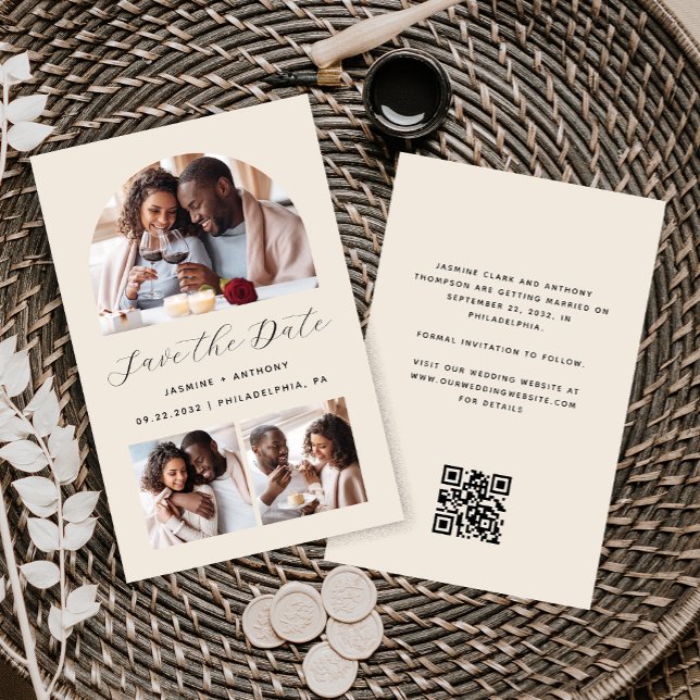 Budget Arch 3-Photo Beige QR Code Save the Date (Creator Uploaded)