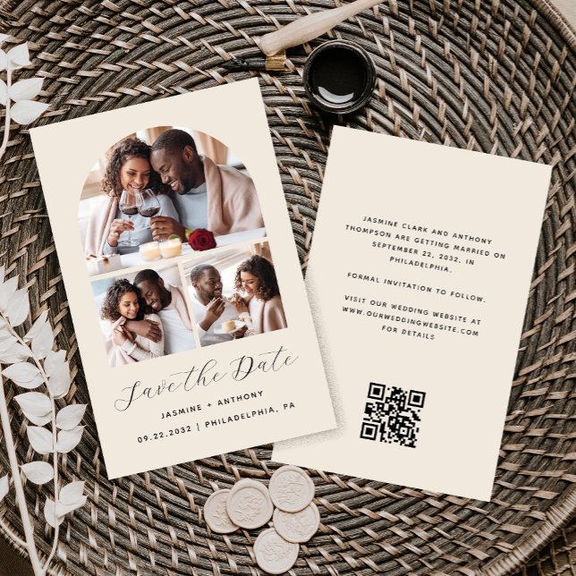 Budget Arch 3-Photo Collage Beige Save the Date (Creator Uploaded)