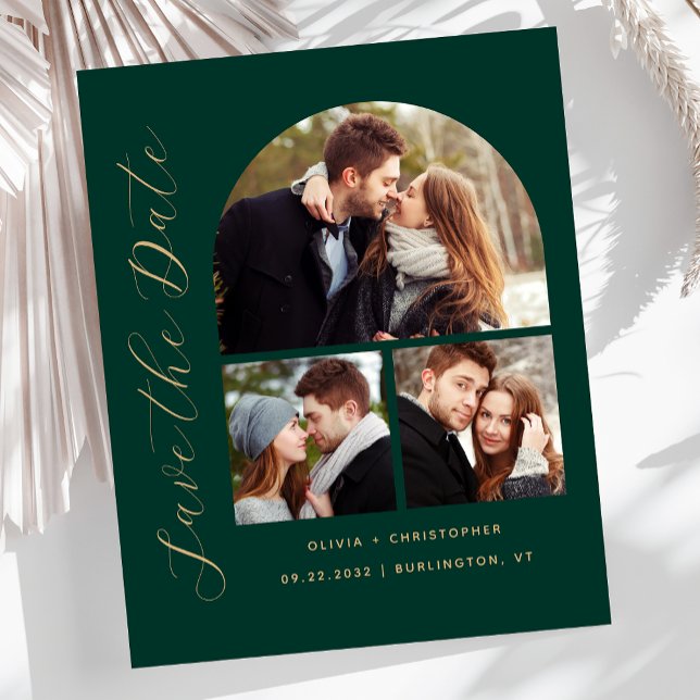 Budget Arch 3-Photo Collage Green Save the Date (Creator Uploaded)