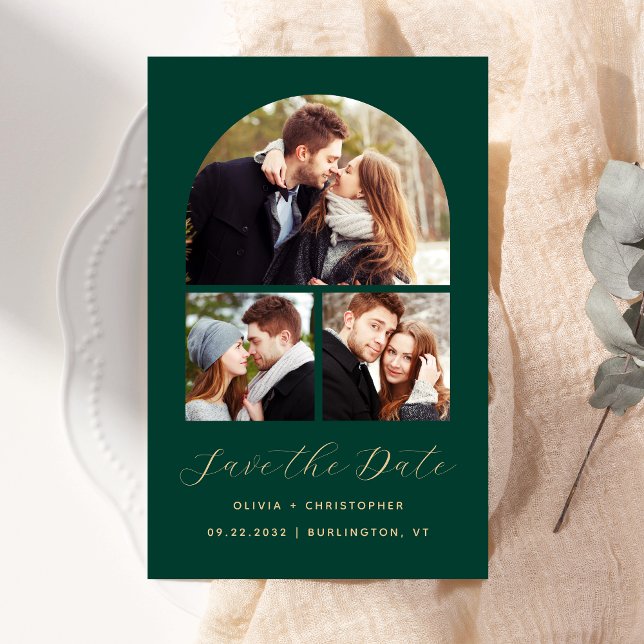 Budget Arch 3-Photo Collage Green Save the Date (Creator Uploaded)