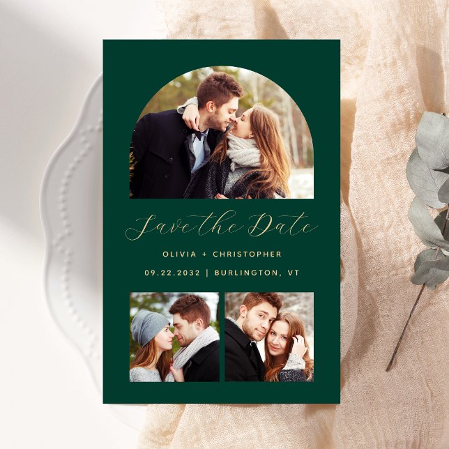 Budget Arch 3-Photo Collage Green Save the Date (Creator Uploaded)