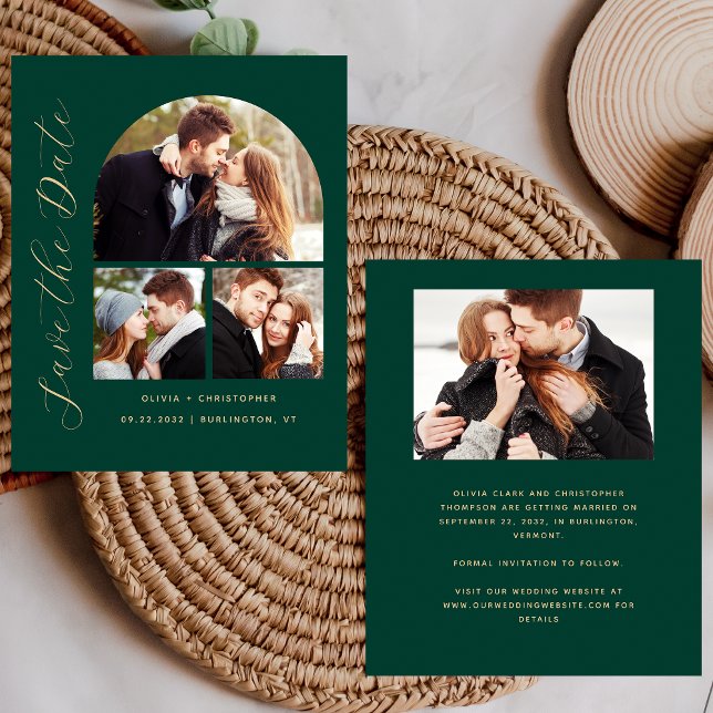 Budget Arch 4-Photo Green Gold Save the Date (Creator Uploaded)
