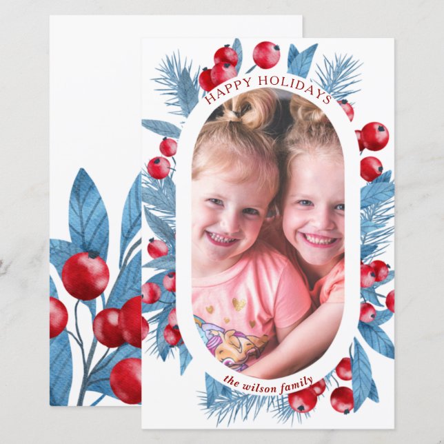 Budget Arch Blue Holly Berries Photo Holiday Card (Front/Back)