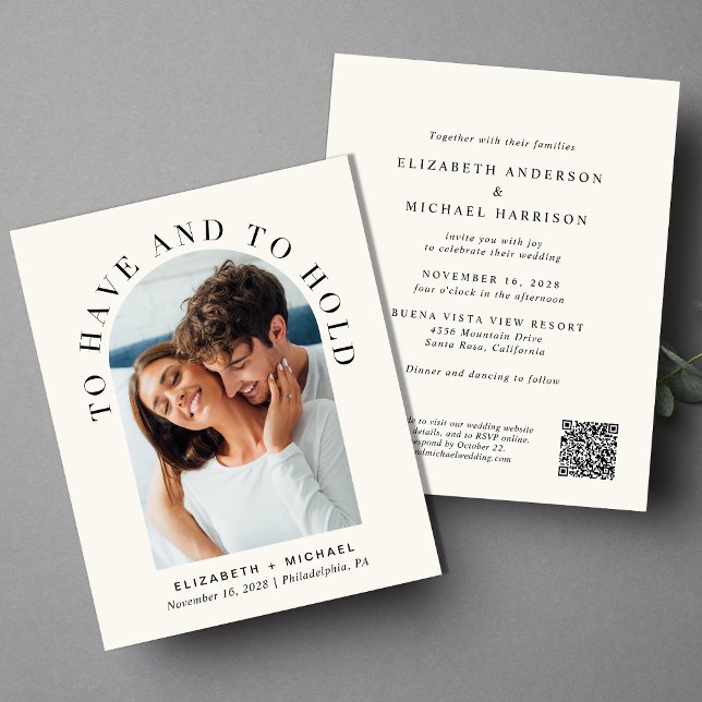 Budget Arch Photo QR Code Cream Wedding Invitation (Creator Uploaded)