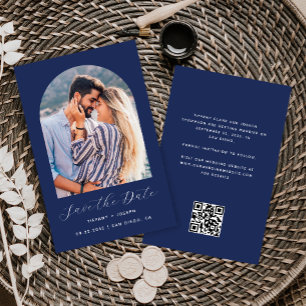 Budget Arch Photo QR Code Navy Blue Save the Date