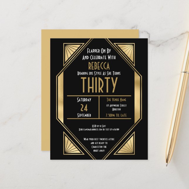Budget Art Deco 30th Birthday Gold Black Invite (Front/Back In Situ)