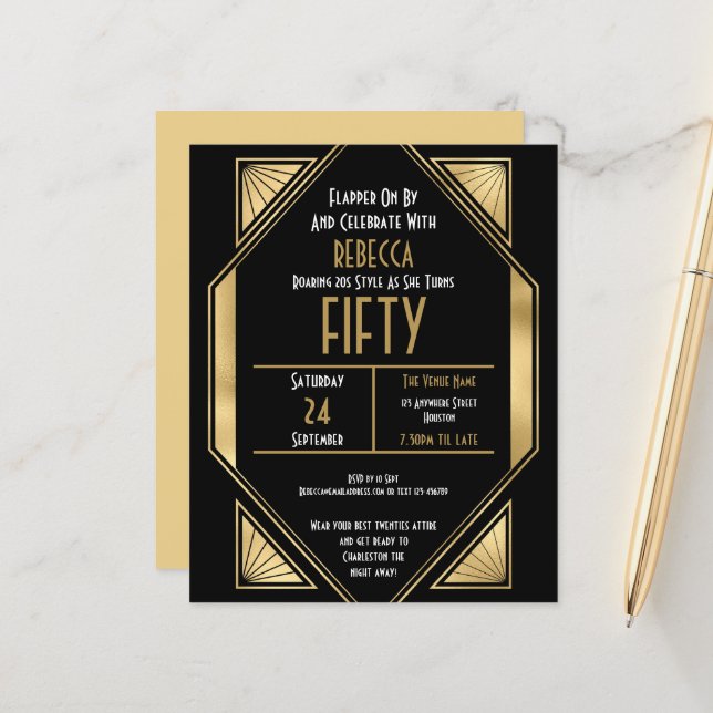 Budget Art Deco 50th Birthday Gold Black Invite (Front/Back In Situ)