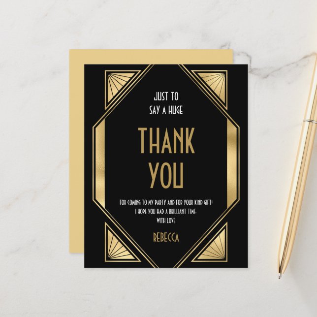 Budget Art Deco 70th Birthday Gold Black Thank You (Front/Back In Situ)