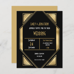 Budget Art Deco Gold Black QR Wedding Invitation