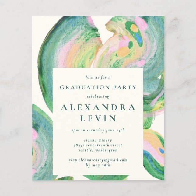 Budget Artsy Abstract Green Swirl Graduation Party (Front)