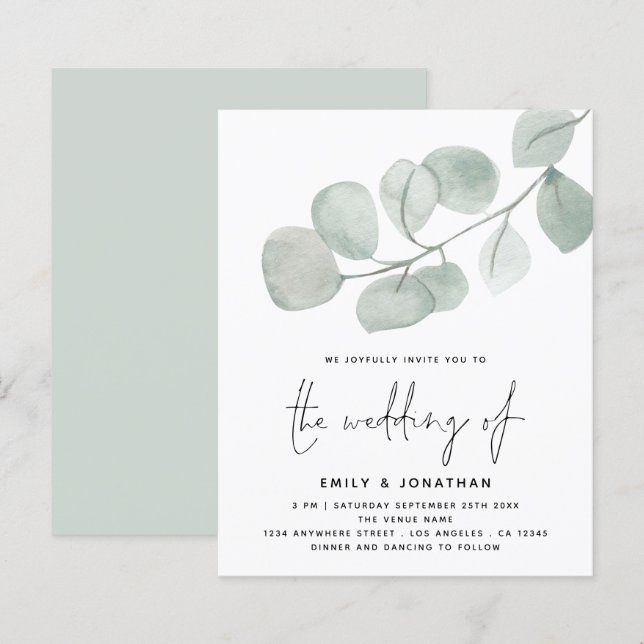 BUDGET Artsy Eucalyptus Script Wedding Invite (Front/Back)