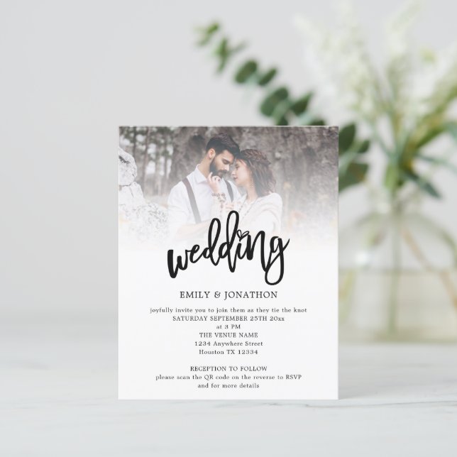 Budget Artsy Script Photo QR Code Wedding Invite (Standing Front)