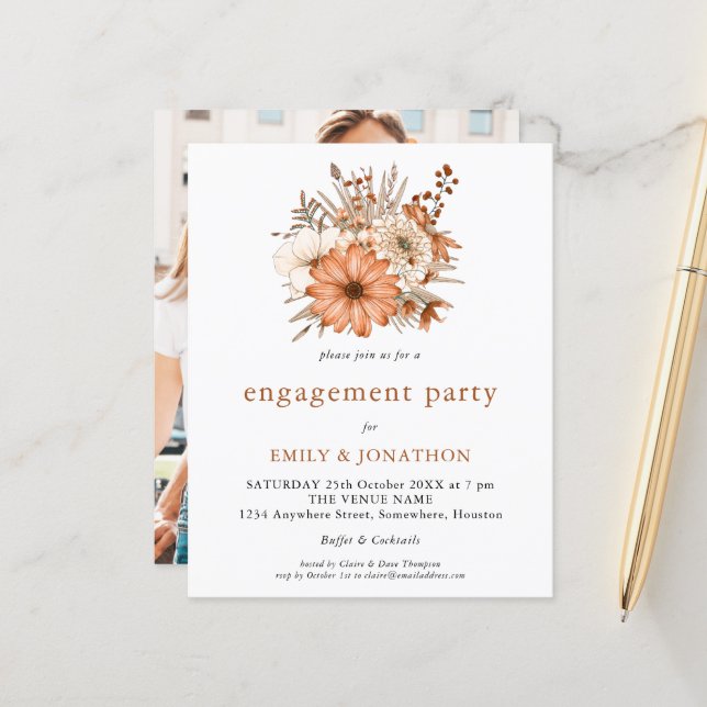 Budget Autumn Floral Photo Engagement Invitation (Front/Back In Situ)